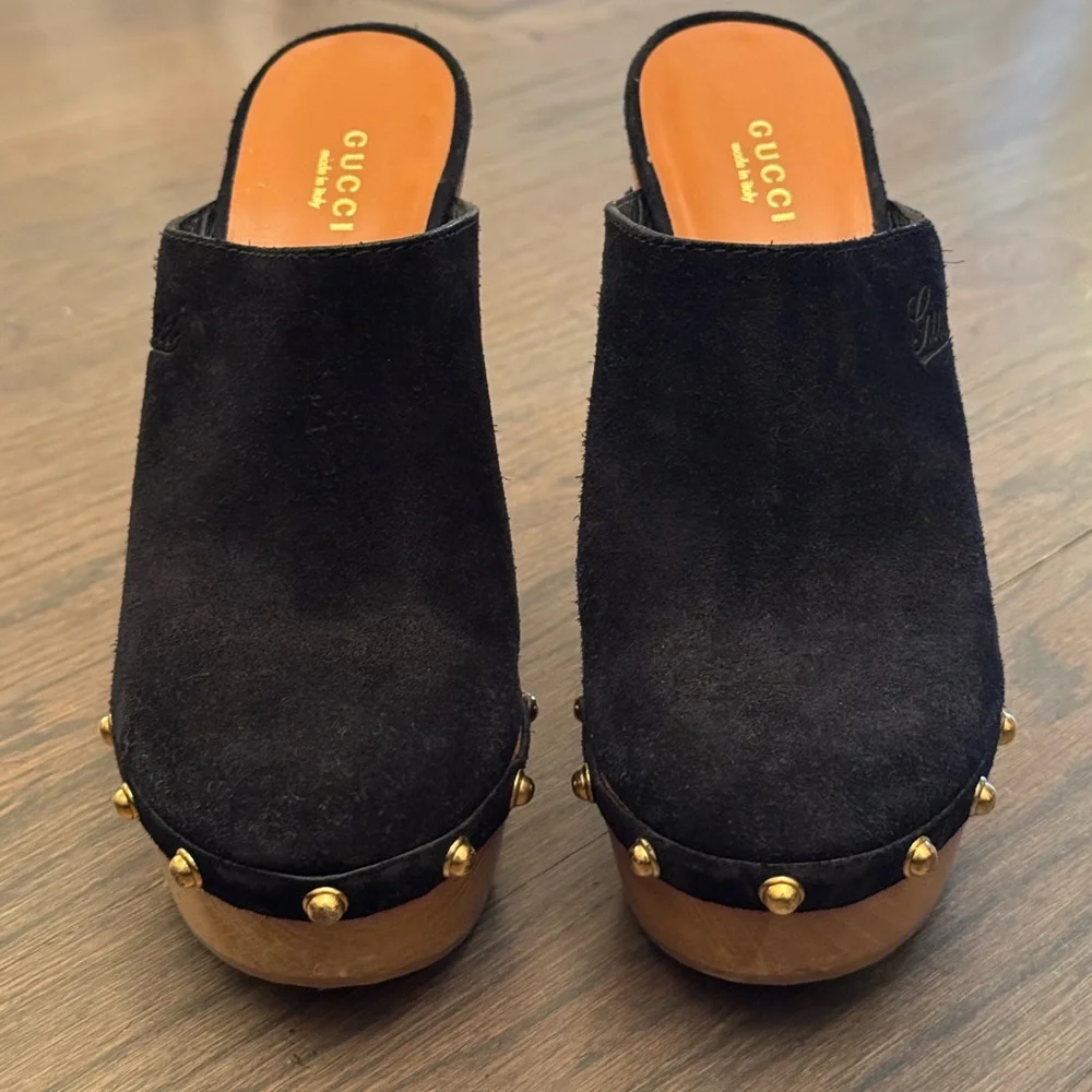 Gucci Black Suede Mules with Gold Accents - Picture 1 of 6